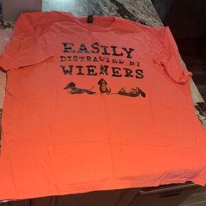 Gildan Bright Coral Tee Easily Distracted by Wieners dachshund shirt